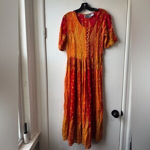Vintage Croset Back Tie Elegant Orange and Red Rayon Hippie Floral Maxi Dress